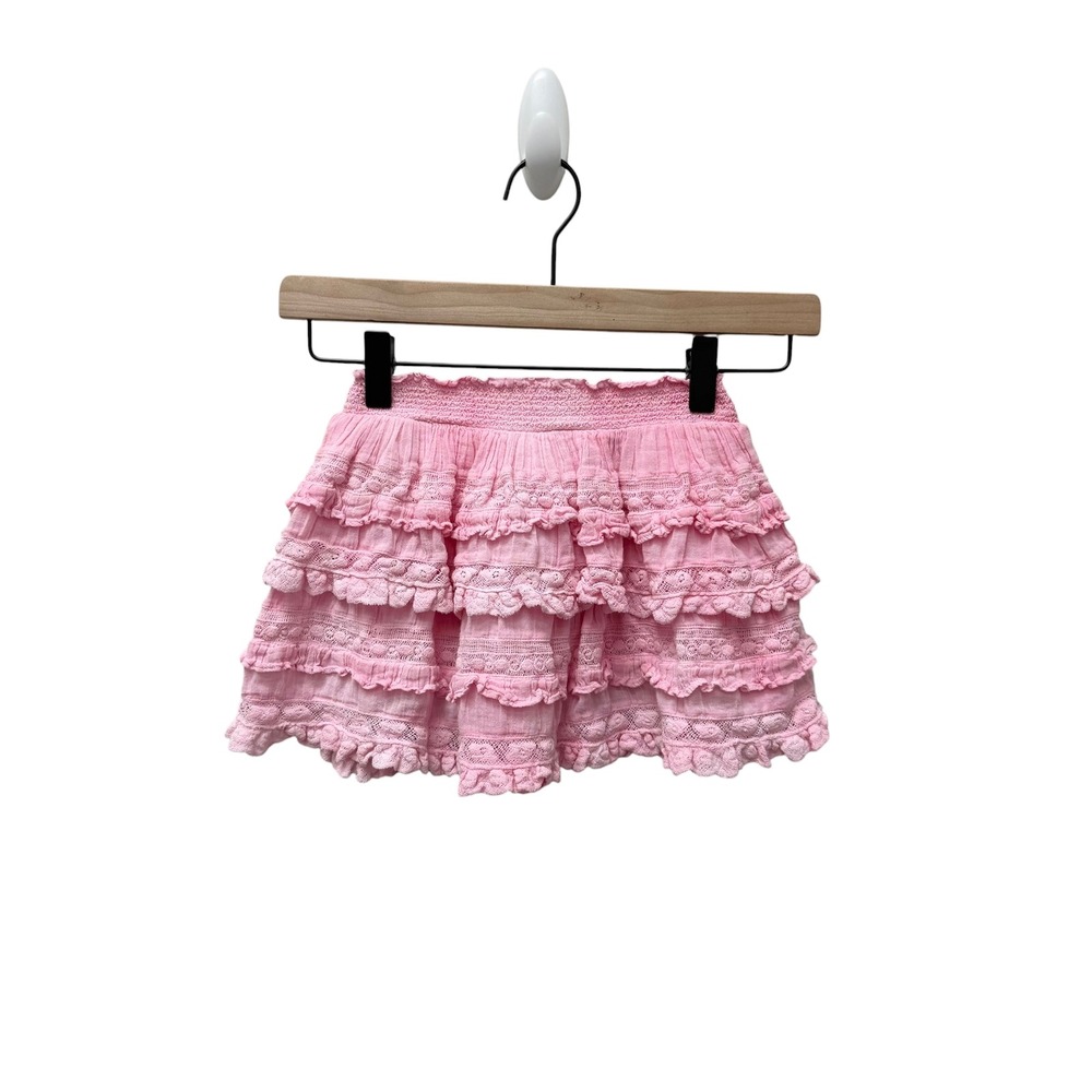 LoveShackFancy‎ Girls Pink Tiered Ruffle Lace Cotton Mini Skirt Size 5-6Y